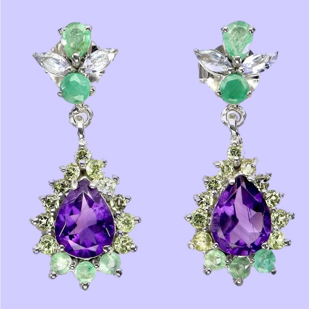 Genuine AA Amethyst, Emerald & Peridot & Tanzanite Gemstone Earrings - Picture 2 of 6